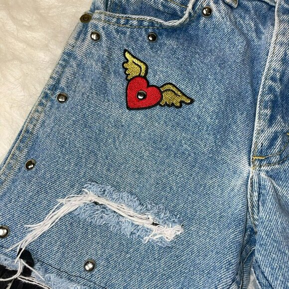 VTG Lee Big Girls 10 1990s Mid-Rise Fringe Patch Denim Jean 4" Shorts - Picture 4 of 10